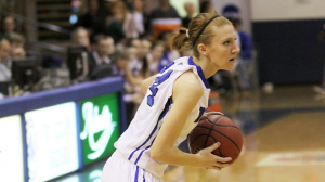 Stephanie Huffman looks to pass Saturday in a win against Lander University.