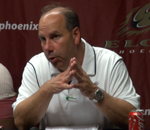 Elon head coach Rich Skrosky speaking with the  media after his first win at Elon