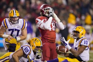 This picture sums up LSU's night, as the Arkansas defense held them to 123 total yards. This was the Razorbacks' first SEC victory since 2012.